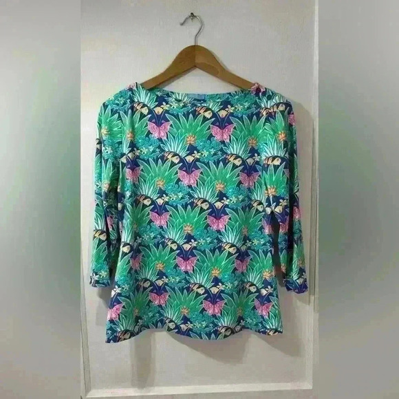 J. McLaughlin Tops - J. Mclaughlin Carly Catalina Blue Green Tropical Butterfly Boat Neck Shirt L